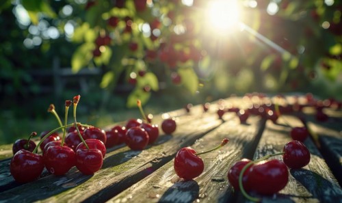 Ripe cherries scattered on a wooden picnic table in the dappled sunlight of a cherry orchard AI