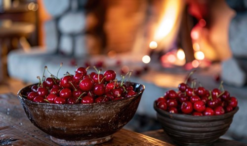 A cozy fireplace adorned with bowls of ripe cherries, AI generated