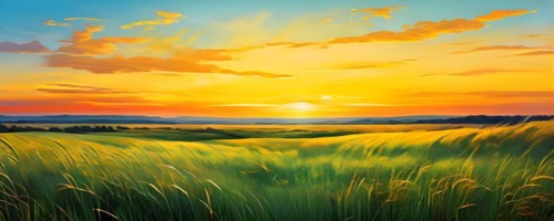 AI generated abstract painting of grasslands under a blazing sunset waves of greens