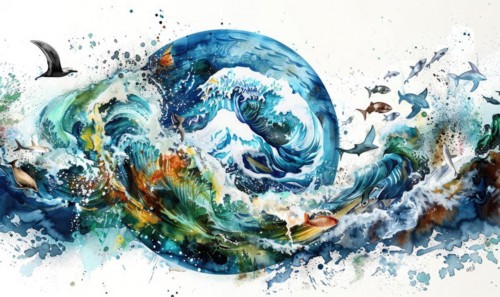 Earth globe in ocean waves, ecology and environment AI generated