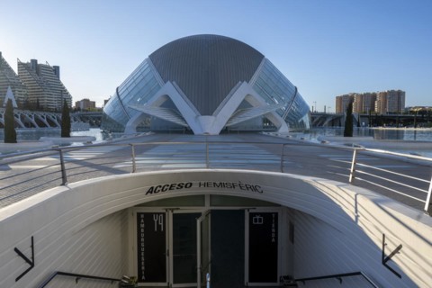 Entrance to L'Hemisferic in the City of Arts and Sciences, Cuitat de les Arts i les Ciences,