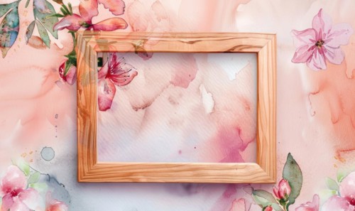 A gold frame with pink flowers on the wall. Abstract background with frame and space for text AI