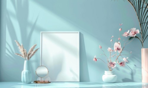 Flat background with blank poster mockup on blue wall AI generated