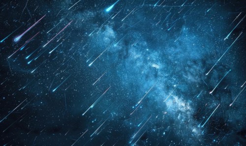 Abstract representation of a dynamic meteor shower set against a deep blue star-filled space AI