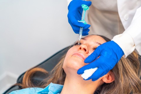 The doctor cosmetologist makes the rejuvenating facial injections procedure for tightening and