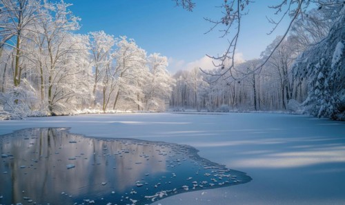 A winter landscape with a frozen lake and snow-covered forest AI generated