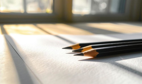 Graphite pencils and white paper illuminated by natural through a window AI generated
