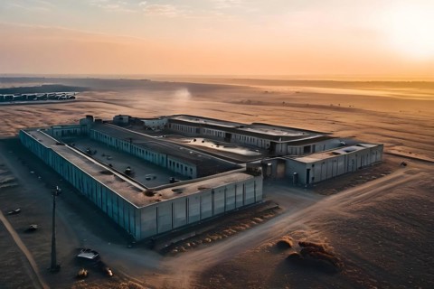 Aerial view of deserted military base featuring empty barracks and abandoned tanks in silent, AI