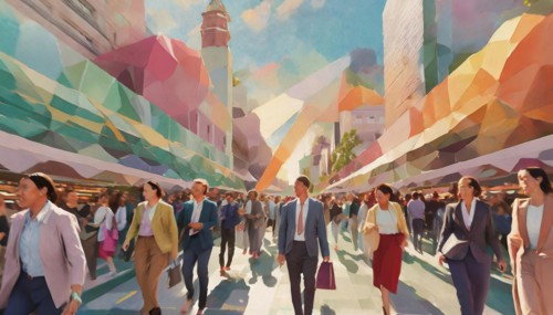 Artistic urban setting filled with pedestrians and colorful, geometrically abstracted buildings,