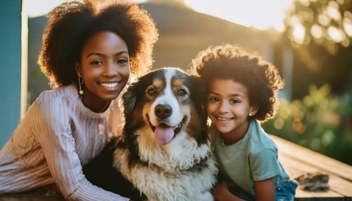 Family with a pet dog, woman and children smiling and bonding in an outdoor setting, AI generated