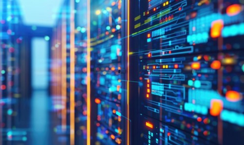 Cloud computing background with server racks and digital data streams AI generated