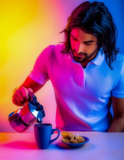 Man with a moka pot illuminated by colorful neon lights preparing coffee, Vertical aspect ratio, AI