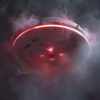 Red warning light from activated smoke detector lights up in the midst of billows of smoke, AI