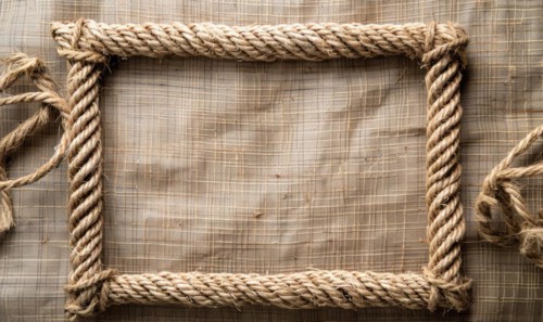 Delicate jute frame on minimalistic natural material, space for text, ecology nature background AI