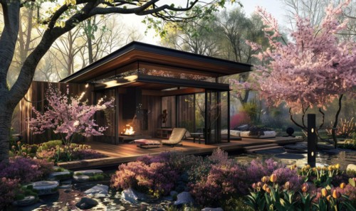 A modern wooden cabin with a cozy fireplace, surrounded by vibrant spring blossoms and lush