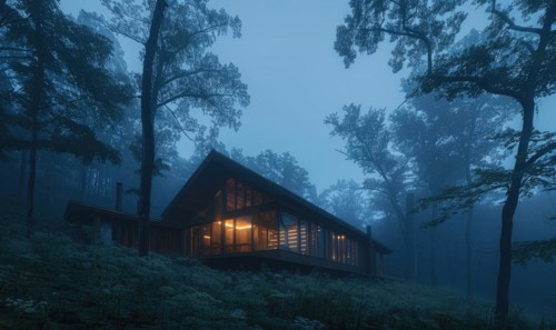 Morning mist enveloping a contemporary wooden cabin hidden deep within a spring garden filled with