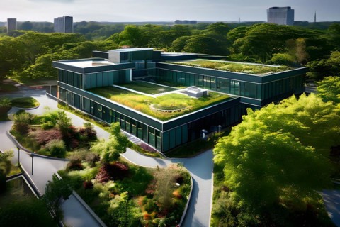 Aerial view of a modern hospitals green roof designed as a therapeutic garden, AI generated,