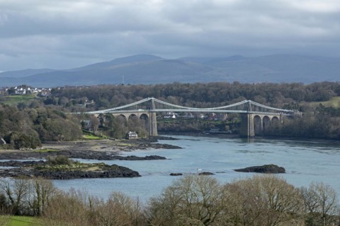 Menai Suspension Bridge, Menai Strait, LLanfair Pwllgwyngyll, Isle of Anglesey, Wales, United