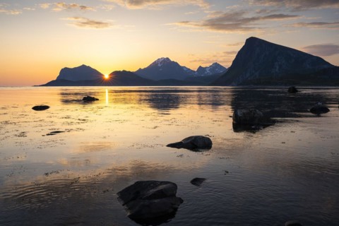 Landscape on the Lofoten Islands. View from Flakstadoya to Vestvagoya with the snow-covered