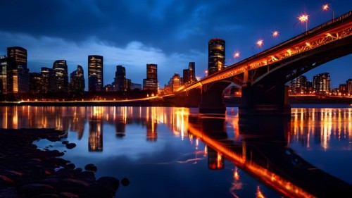 City bridges come alive under the glow of car headlights water underneath reflecting the