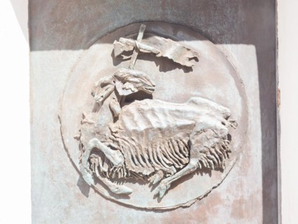 Sculpture with religious motif, Stella Maris church, Porto Cervo, Costa Smeralda, Sardinia, Italy,