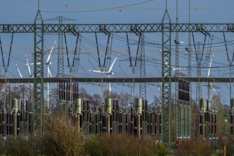 Stendal West substation with wind turbines in the background near Luederitz, Stendal,