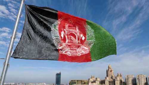 Flag, the national flag of Afghanistan flutters in the wind