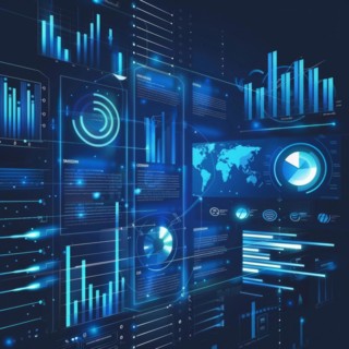 Advanced digital dashboard with infographics, data analytics and a world map in futuristic blue