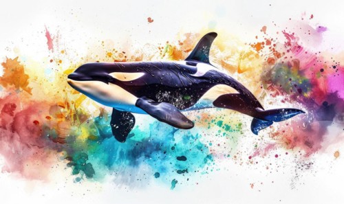 A watercolor depiction of an orca whale breaching the surface against a backdrop of vibrant ocean