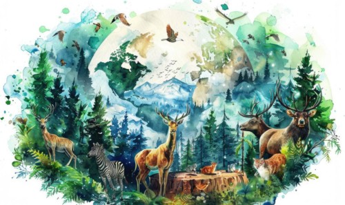 Watercolor illustration of Earth with wildlife and forests AI generated