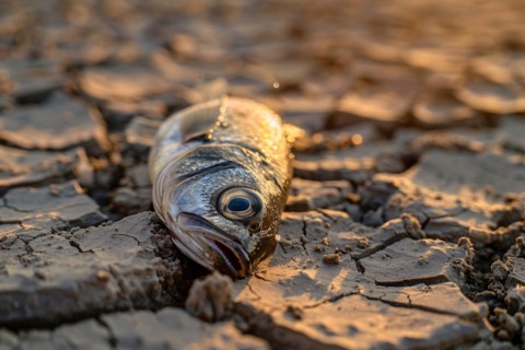 Dead fish on cacked dried up earth. Global warming and water scarcity concept. KI generiert,