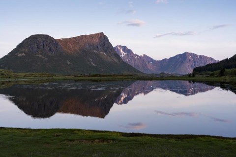 Landscape on the Lofoten Islands. Vagspollen bay, with Offersoykammen mountain behind it. The