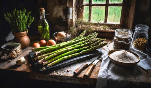 Green asparagus in a rustic farmhouse kitchen, AI generated, AI generated