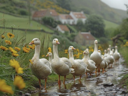 Geese march in a row through the rain near a village, AI generated, AI generated, AI generated