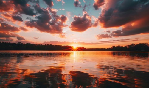 A bright red sunset over a tranquil lake AI generated