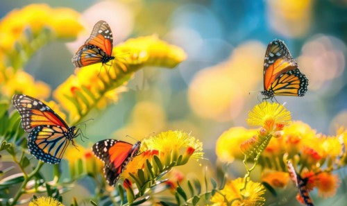 A group of butterflies fluttering around a cluster of Mimosa flowers AI generated