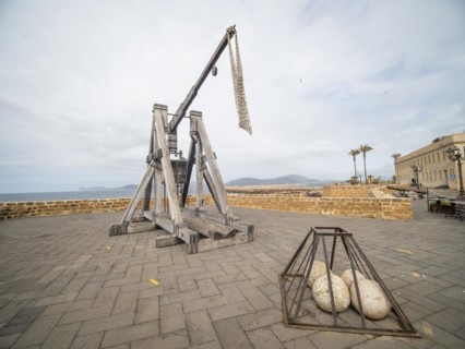 Old siege engine, fortress wall of Alghero, Sardinia, Italy, Europe