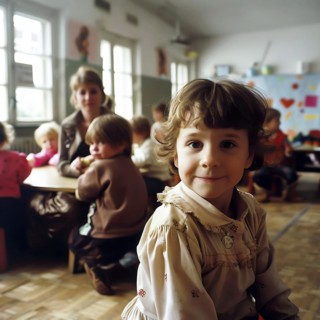 A curious child looks at the camera in a vintage classroom, AI generated