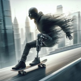 Person in a hoodie with advanced leg prosthesis displays speed and dynamism while skateboarding,