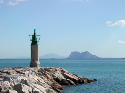 Lighthouse with View over Gibraltar and African Coast in Morocco in Mediterranean Sea in a Sunny