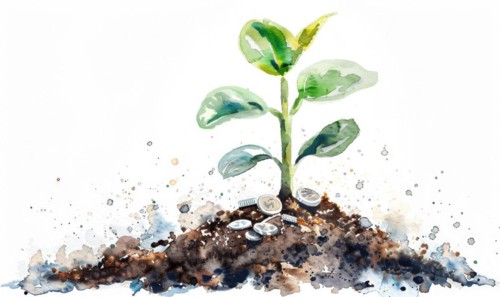 Watercolor illustration of a tree sprout with coins around it AI generated