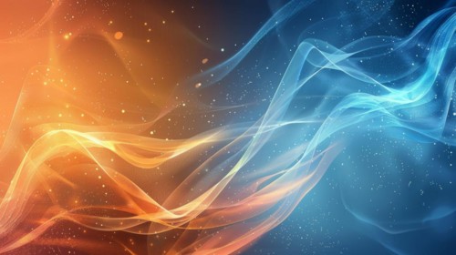 Abstract digital art of flowing blue and orange lines with luminous particles against a dark