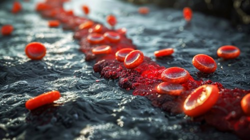 Microscopic red blood cells on a dark, wet surface with cool lighting, ai generated, AI generated