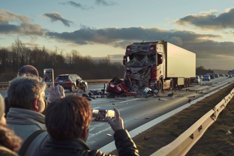 Onlookers, rubberneckers, photographing a serious traffic accident with a destroyed truck and car