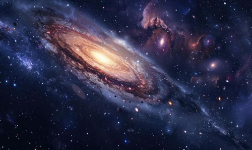 Elliptical galaxy glowing red and blue with a vibrant starry backdrop AI generated