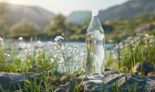 Crystal clear glass bottle mockup showcasing a premium quality mineral water sourced from natural