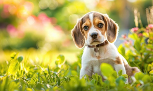Happy Beagle puppy with floppy ears enjoying a sunny day in the garden AI generated