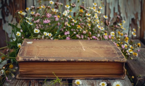 Vintage book surrounded by wildflowers AI generated