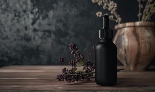 Matte black glass bottle mockup housing a premium quality beard oil enriched with natural oils and