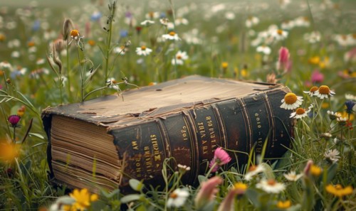 Old book lying on a grassy knoll surrounded by wildflowers AI generated